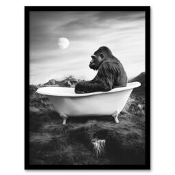 "Artery8 Gorilla Ape in Bathtub Black White Valley Surreal Framed Art Print in Grey - Size: W12"" x H16""" - thumbnail 1