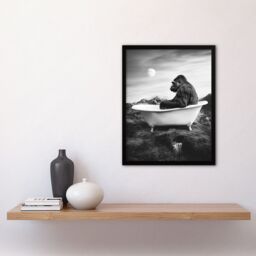 "Artery8 Gorilla Ape in Bathtub Black White Valley Surreal Framed Art Print in Grey - Size: W12"" x H16""" - thumbnail 4