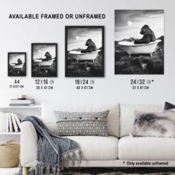 "Artery8 Gorilla Ape in Bathtub Black White Valley Surreal Framed Art Print in Grey - Size: W12"" x H16""" - thumbnail 3