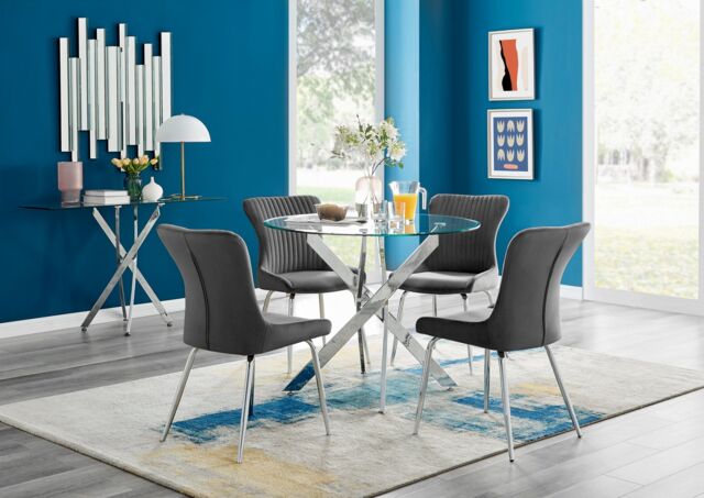 FurnitureboxUK Novara Round Glass Dining Table & 4 Nora Silver Leg Chairs in Dark Grey - image 1