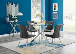 FurnitureboxUK Novara Round Glass Dining Table & 4 Nora Silver Leg Chairs in Dark Grey - thumbnail 1