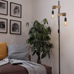 Eglo Townshend 5 Black Metal & Natural Wood 2-Light Floor Lamp - Industrial Style (D) 25cm - thumbnail 3