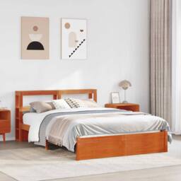 Berkfield Home Bed Frame with Headboard Wax Brown 150 x 200 cm Solid Pine Wood - thumbnail 1