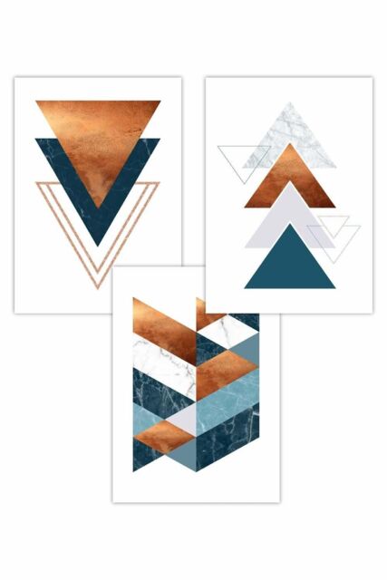 ARTZE Set of 3 Mid Century Teal Orange Abstract Geometric Art Posters - Size: W42 cm x H59 cm - image 1