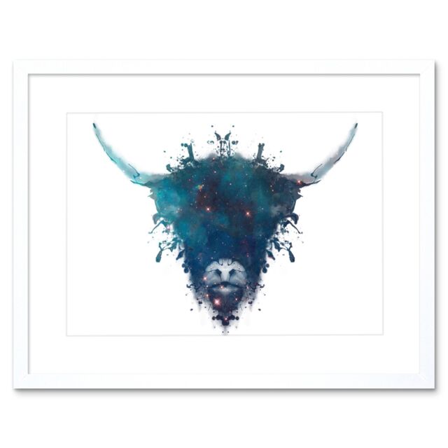 "Artery8 Wall Art Print Ink Splat Highland Cow Artwork Framed 9X7 Inch in White - Size: W7"" x H9""" - image 1