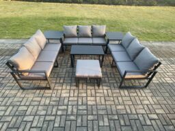 Fimous Aluminium 10 Seater Outdoor Garden Furniture Set Lounge Sofa Oblong Coffee Table Big Footstool Side Table Sets with Cushions Dark Grey - thumbnail 2