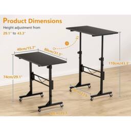 FORGEVIO Height Adjustable Standing Desk, 80x40cm Mobile Small Desk in Black - Size: 80x40 cm - thumbnail 2