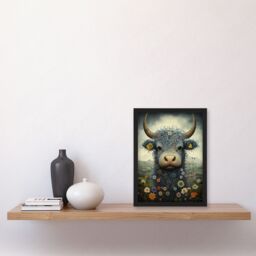 "Artery8 Small Blue Highland Cow In Wildflower Meadow Fun Wee Blue Coo Artwork Art Print Framed Poster Wall Decor in Black - Size: W12"" x H16""" - thumbnail 4