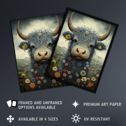 "Artery8 Small Blue Highland Cow In Wildflower Meadow Fun Wee Blue Coo Artwork Art Print Framed Poster Wall Decor in Black - Size: W12"" x H16""" - thumbnail 2