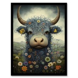 "Artery8 Small Blue Highland Cow In Wildflower Meadow Fun Wee Blue Coo Artwork Art Print Framed Poster Wall Decor in Black - Size: W12"" x H16""" - thumbnail 1
