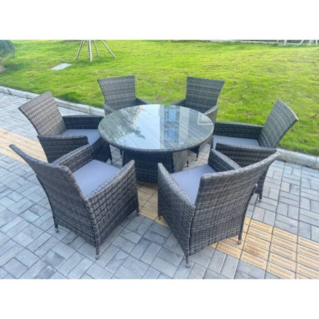 Fimous Rattan Garden Furniture 6 Seater Garden Big Round Table & Chairs in Dark Grey