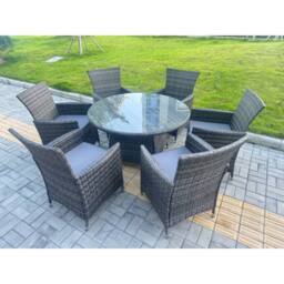 Fimous Rattan Garden Furniture 6 Seater Garden Big Round Table & Chairs in Dark Grey - thumbnail 1