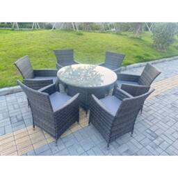 Fimous Rattan Garden Furniture 6 Seater Garden Big Round Table & Chairs in Dark Grey - thumbnail 2