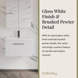 Balterley 600mm Wall Hung 1 Drawer Vanity Basin Unit, Gloss White, Pewter Handle in White - thumbnail 3