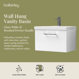 Balterley 600mm Wall Hung 1 Drawer Vanity Basin Unit, Gloss White, Pewter Handle in White - thumbnail 2