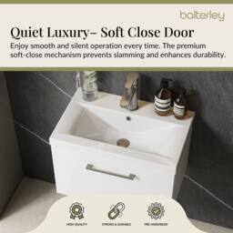 Balterley 600mm Wall Hung 1 Drawer Vanity Basin Unit, Gloss White, Pewter Handle in White - thumbnail 4