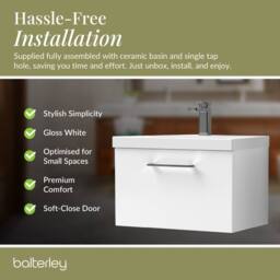Balterley 600mm Wall Hung 1 Drawer Vanity Basin Unit, Gloss White, Pewter Handle in White - thumbnail 7