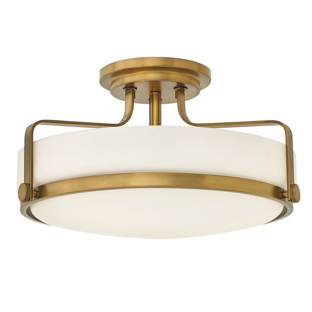 Loops 3 Bulb Semi Flush Light Opal Glass Metal Ring Heritage Brass LED E27 60W in Clear