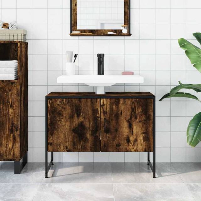 Berkfield Home Sturdy Bathroom Sink Cabinet Smoked Oak 80x33x60 cm Engineered Wood in Brown - Size: 80 x 33 x 60 cm - image 1