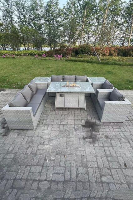 Fimous Rattan Fire Pit Garden Furniture Set Gas Heater Burner Lounge Sofa Dining Set 2 Side Coffee Table in Light Grey - image 1