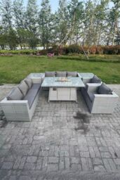 Fimous Rattan Fire Pit Garden Furniture Set Gas Heater Burner Lounge Sofa Dining Set 2 Side Coffee Table in Light Grey - thumbnail 3