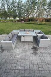 Fimous Rattan Fire Pit Garden Furniture Set Gas Heater Burner Lounge Sofa Dining Set 2 Side Coffee Table in Light Grey - thumbnail 1