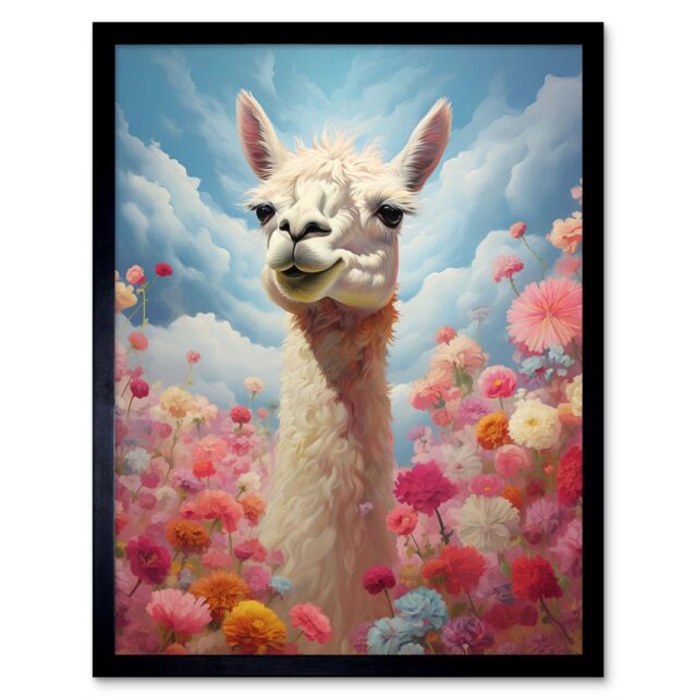 Artery8 Wall Art Print Happy Llama Peeking Head Over Pink Flowers Bright Colourful Artwork Kids Bedroom Dreamy Spring Meadow Art Framed - image 1