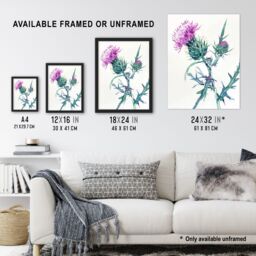 Artery8 Scottish Thistle Flower Bloom Floral Watercolour Framed Art Print in Purple - Size: A4 - thumbnail 3