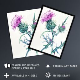Artery8 Scottish Thistle Flower Bloom Floral Watercolour Framed Art Print in Purple - Size: A4 - thumbnail 2