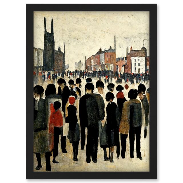 Artery8 1940 Mid Century Industrial Northern Crowds In Street Cityscape Artwork Framed Wall Art Print A4 in Black - image 1