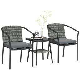 OUTSUNNY 3 PCS Rattan Bistro Set with Cushions Glass Top Coffee Table & Chairs in Grey - thumbnail 2