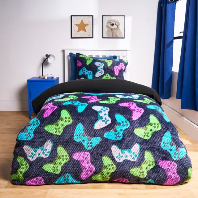 OHS Gaming Waffle Sherpa Fleece Reversible Duvet Cover Bedding Set in Dark Navy - Size: Double - image 1