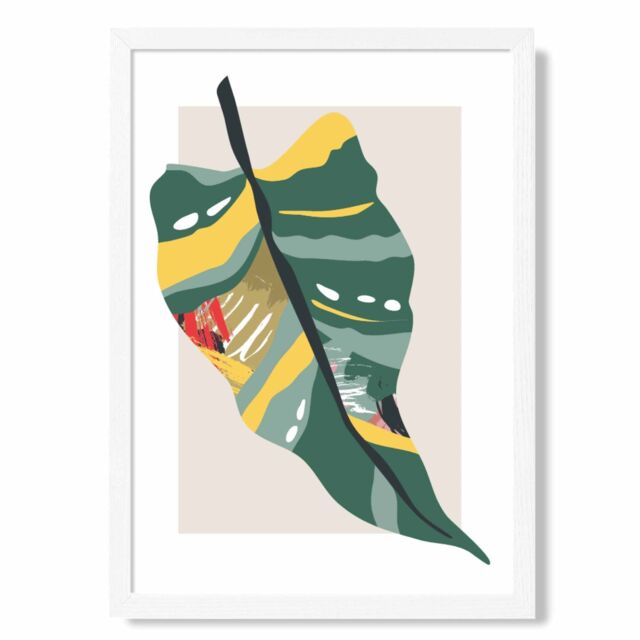 ARTZE Tropical Palm Green & Red Minamilist Framed Print SIZE: A2 with White Frame - Size: A4 - image 1