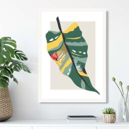 ARTZE Tropical Palm Green & Red Minamilist Framed Print SIZE: A2 with White Frame - Size: A4 - thumbnail 2