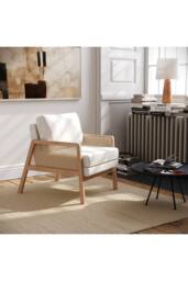 Minimalist Fabric Rattan Wooden Armchair in Beige - thumbnail 7