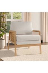 Minimalist Fabric Rattan Wooden Armchair in Beige - thumbnail 1