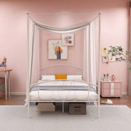 Costway Double Size Metal Canopy Bed Frame 4-Poster Modern Platform Wooden Slat Support in White - thumbnail 8