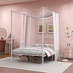 Costway Double Size Metal Canopy Bed Frame 4-Poster Modern Platform Wooden Slat Support in White - thumbnail 1