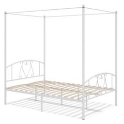 Costway Double Size Metal Canopy Bed Frame 4-Poster Modern Platform Wooden Slat Support in White - thumbnail 3