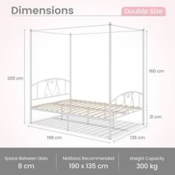 Costway Double Size Metal Canopy Bed Frame 4-Poster Modern Platform Wooden Slat Support in White - thumbnail 2