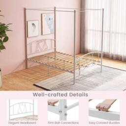 Costway Double Size Metal Canopy Bed Frame 4-Poster Modern Platform Wooden Slat Support in White - thumbnail 9