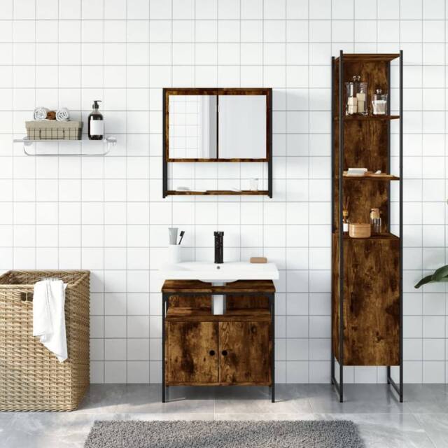 Berkfield Home Durable 3 Piece Bathroom Furniture Set Smoked Oak Engineered Wood in Brown - image 1