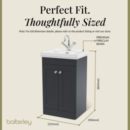 Balterley Bathroom Floor 2-Door Vanity Unit & Fireclay Basin, Dark Grey, 500mm in Grey - thumbnail 5