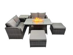 Fimous 6-seater Rattan Garden Furniture Set with 2 Big Stools Side Tables in Dark Grey