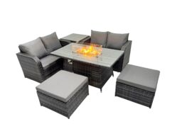 Fimous 6-seater Rattan Garden Furniture Set with 2 Big Stools Side Tables in Dark Grey - thumbnail 2