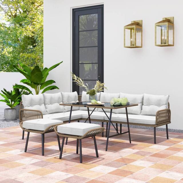 OUTSUNNY Sectional Outdoor Furniture with Glass Top Table in Cream - image 1