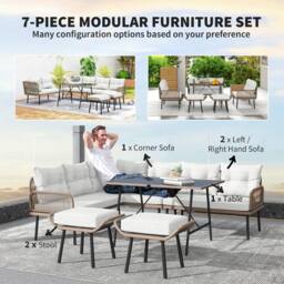 OUTSUNNY Sectional Outdoor Furniture with Glass Top Table in Cream - thumbnail 4