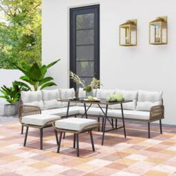 OUTSUNNY Sectional Outdoor Furniture with Glass Top Table in Cream