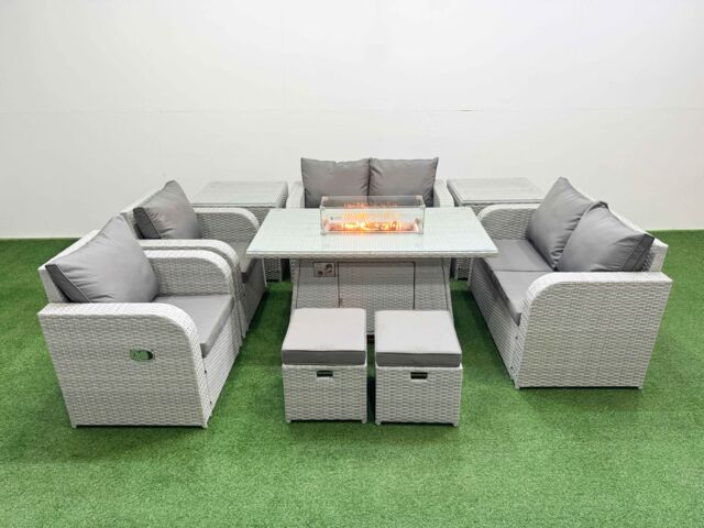 Fimous 8 Seater Outdoor Reclining Chair Love Sofa Set Rattan Garden Furniture Set with Firepit Dining Table 2 Stools 2 Side Table Light Grey - image 1