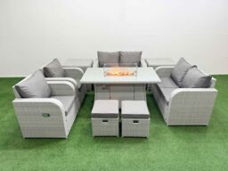 Fimous 8 Seater Outdoor Reclining Chair Love Sofa Set Rattan Garden Furniture Set with Firepit Dining Table 2 Stools 2 Side Table Light Grey - thumbnail 1